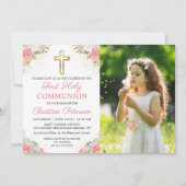 ピンクのサンゴフローラ最初の聖体拝領写真 招待状 (正面)
