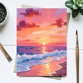 ピンクのサンセットビーチの波の海景画カード