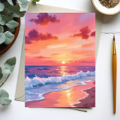 ピンクのサンセットビーチの波の海景画カード