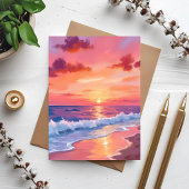 ピンクのサンセットビーチの波の海景画カード