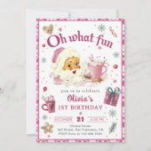 ピンクのサンタのクリスマスクッキーお誕生日会 招待状 (正面)