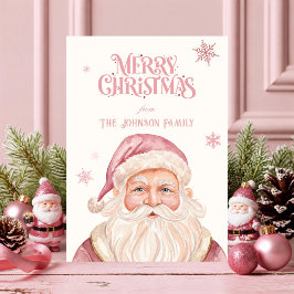 ピンクのサンタの水彩画 レトロなクリスマスのお祝い シーズンカード