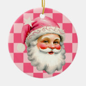 ピンクのサンタクロースのクリスマスピンクの格子模様の子供たちの写真 セラミックオーナメント (正面)