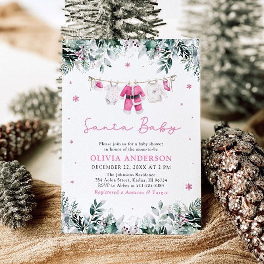 ピンクのサンタベイビー クリスマス用品ライン ベイビーシャワー 招待状