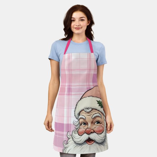 ピンクのサンタ・プレイド・クリスマス エプロン (着用した状態)