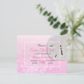 ピンクのサンドダラー テーマの結婚式 Save the Date 案内ポストカード (スタンド正面)