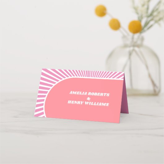 ピンクのサンレイレトロインスパイアグルーヴ70s結婚の プレイスカード (裏面)