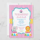 ピンクのサーカスのカーニバルのベビーシャワー招待状の女の子 招待状 (正面)