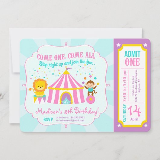 ピンクのサーカスのカーニバルの誕生会のチケット 招待状 (正面)