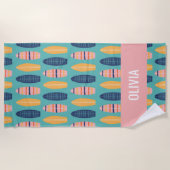 ピンクのサーフボードと花ビーチタオル ビーチタオル (正面)