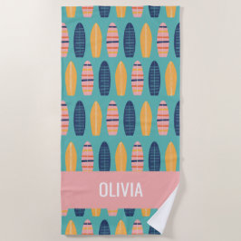 ピンクのサーフボードと花ビーチタオル ビーチタオル