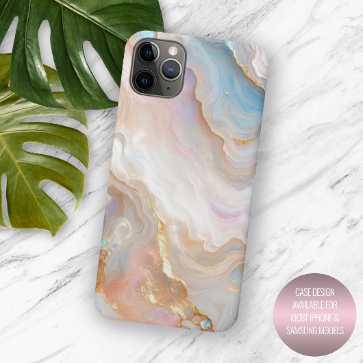 ピンクのサーモン色とアクアブルーとゴールドのホワイト大理石アート柄 Case-Mate iPhoneケース