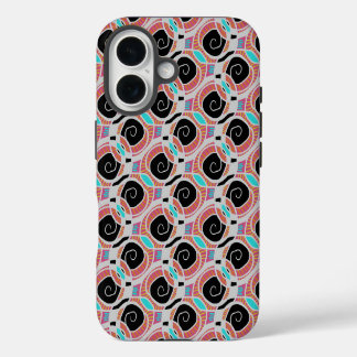 ピンクのシアンブルー白黒渦巻き抽象芸術パターン iPhone 16ケース