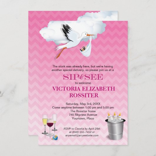 ピンクのシェブロンのこうのとりのベビーの一口はパーティーに会い、 招待状 (正面/裏面)