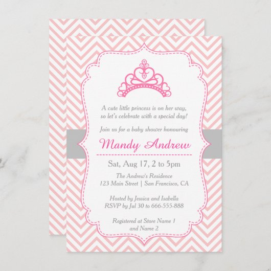 ピンクのシェブロンのプリンセスの王冠、女の子のベビーシャワー 招待状 (正面/裏面)
