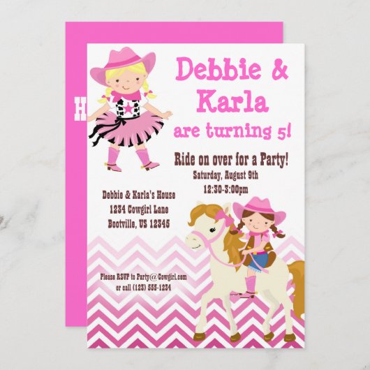 ピンクのシェブロンの対の女性のカーボーイの誕生会の招待 招待状 (正面/裏面)