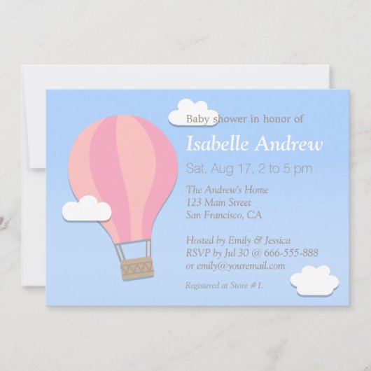 ピンクのシェブロンの熱気の気球、女の子のベビーシャワー 招待状 (正面)