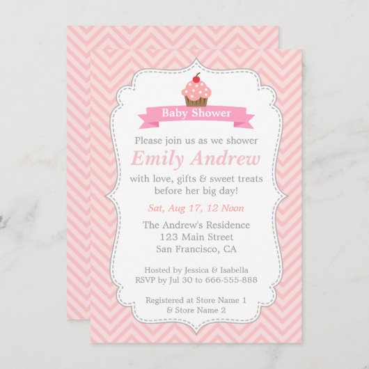 ピンクのシェブロンの甘いカップケーキ、ベビーシャワー 招待状 (正面/裏面)