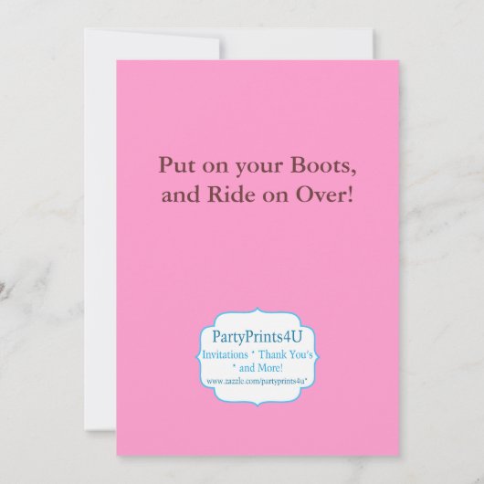 ピンクのシェブロンの青い点、女性のカーボーイのブーツの誕生日 招待状 (裏面)