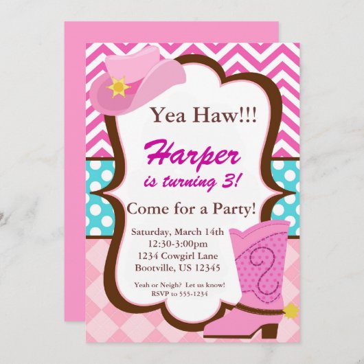 ピンクのシェブロンの青い点、女性のカーボーイのブーツの誕生日 招待状 (正面/裏面)