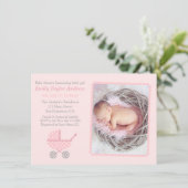 ピンクのシェブロンベビーカーの写真少女シャワー 招待状 (スタンド正面)