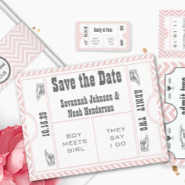 ピンクのシェブロン ジグザグ ヴィンテージ モダン チケット ウェディング セーブザデート