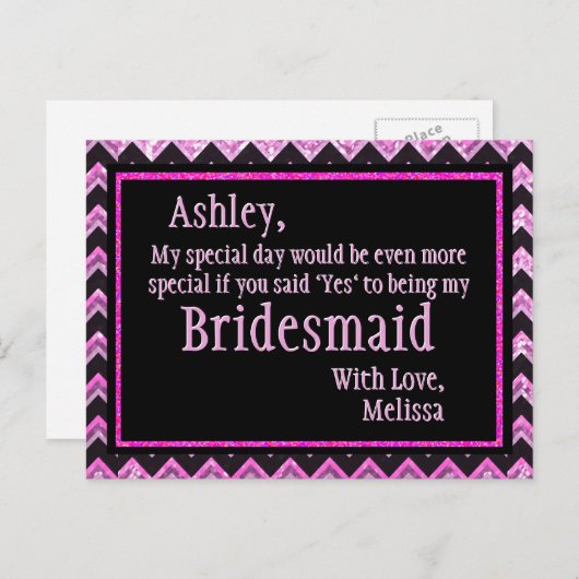 ピンクのシェブロン – 私の花嫁のメイドになる？ インビテーションポストカード (正面/裏面)