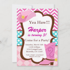 ピンクのシェブロン、青いドット、カウガールブーツの誕生日 招待状