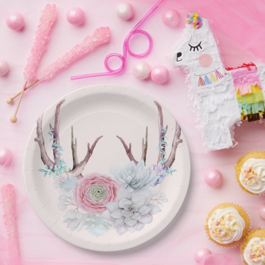 ピンクのシカの(雄ジカの)枝角の花のSucculentの庭 ペーパープレート (パーティー)