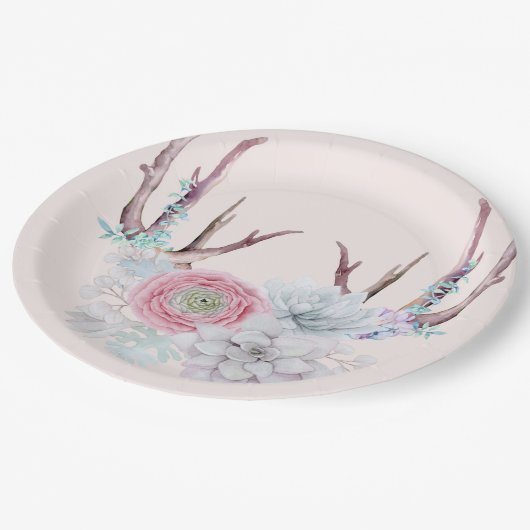 ピンクのシカの(雄ジカの)枝角の花のSucculentの庭 ペーパープレート (アングル)