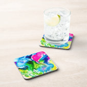 ピンクのシクラメン花抽象芸術水色 コースター (右側)