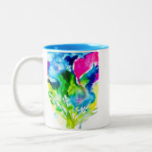 ピンクのシクラメン花抽象芸術水色 ツートーンマグカップ (左)