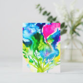 ピンクのシクラメン花抽象芸術水色 ポストカード (スタンド正面)