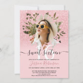 ピンクのシックなグリッターグラデーションフォトフローラスウィート16 招待状 (正面)