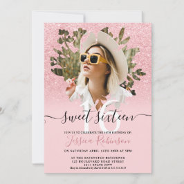 ピンクのシックなグリッターグラデーションフォトフローラスウィート16 招待状