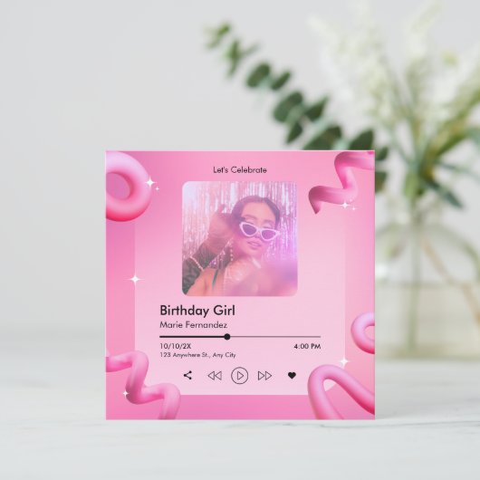 ピンクのシックな音楽プレイリストのカバー写真の誕生日 招待状 (スタンド正面)