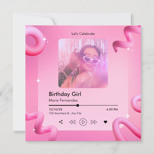 ピンクのシックな音楽プレイリストのカバー写真の誕生日 招待状 (正面)