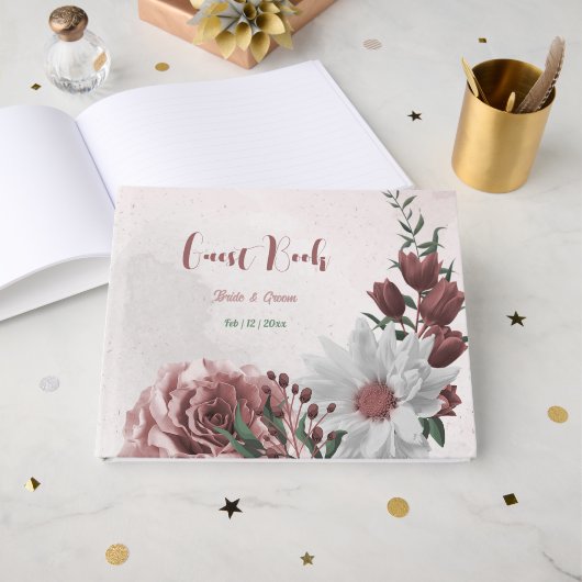 ピンクのシナモンバラ白フローラ幾何結婚体 ゲストブック (正面見開き)