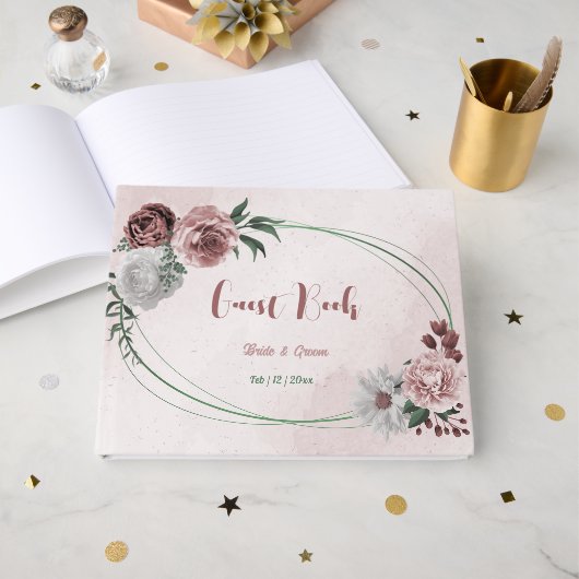 ピンクのシナモンバラ白フローラ幾何結婚体 ゲストブック (正面見開き)