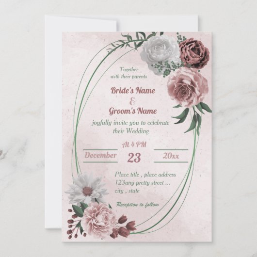 ピンクのシナモンバラ白フローラ幾何結婚体 招待状 (正面)