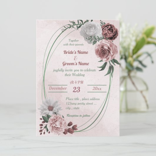 ピンクのシナモンバラ白フローラ幾何結婚体 招待状 (スタンド正面)