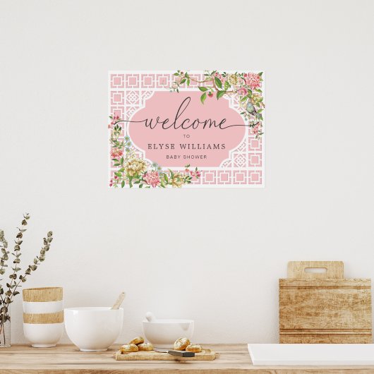 ピンクのシノワズリーフラワーベイビーシャワーのウェルカムサイン ポスター (キッチン)