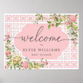 ピンクのシノワズリーフラワーベイビーシャワーのウェルカムサイン ポスター (正面)