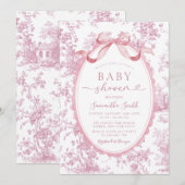 ピンクのシノワズリーフラワーボウトワールガールベビーシャワー 招待状 (正面/裏面)
