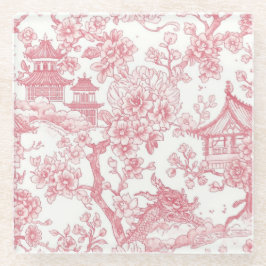 ピンクのシノワズリープリント 竜と桜の花 ガラスコースター