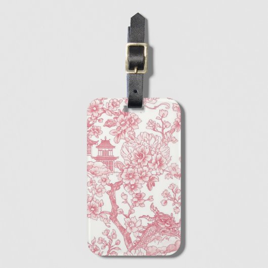 ピンクのシノワズリープリント 竜と桜の花 ラゲッジタグ (正面縦)