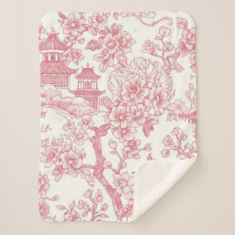 ピンクのシノワズリープリント 竜と桜 シェルパブランケット