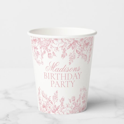 ピンクのシノワズリーヴィンテージ フラワー 誕生日 紙コップ (裏面)