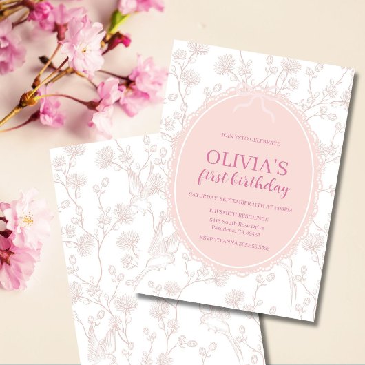 ピンクのシノワズリー 1歳の誕生日 招待状