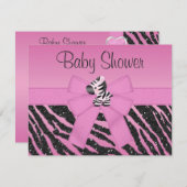 ピンクのシマウマによって印刷される弓及びグリッターの一見のベビーシャワー 招待状 (正面/裏面)
